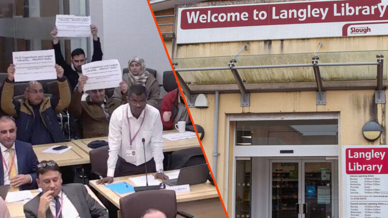 A split image of people waving pieces of paper as a man in a white shirt makes a speech, and a beige building with a red sign reading 'welcome to Langley library'
