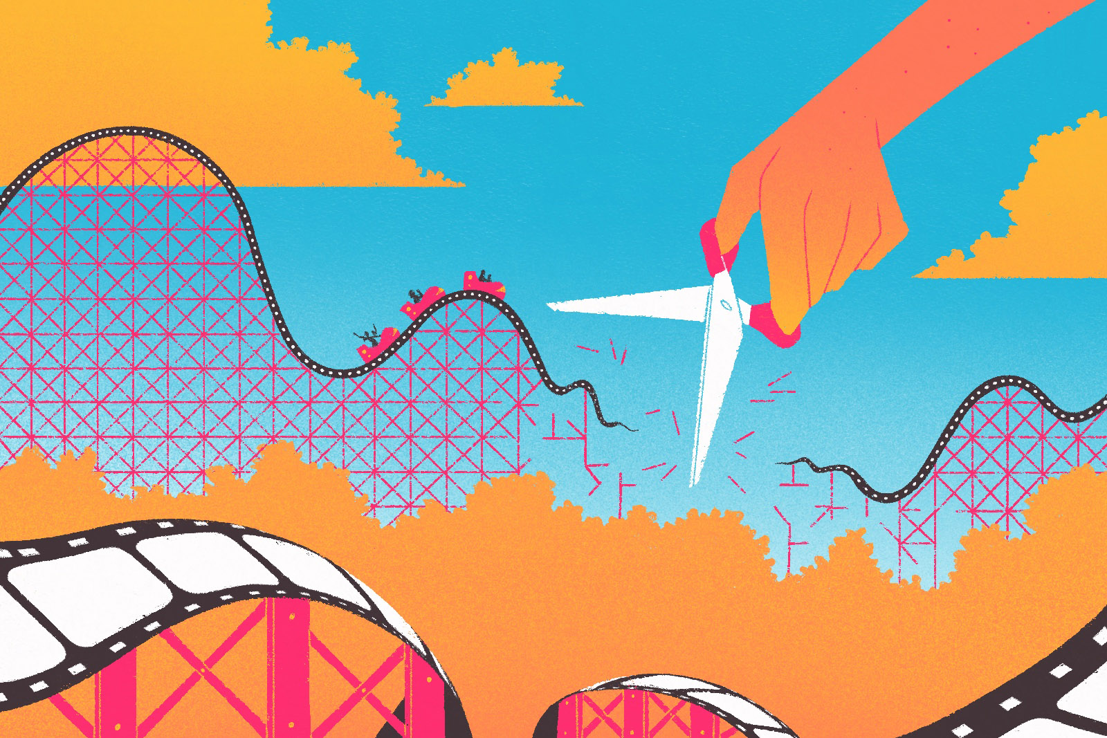 Illustration of a giant pair of scissors cutting a rollercoaster ride
