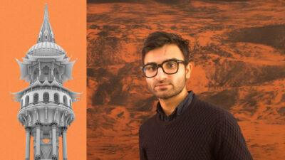 Sculpture Tower of Now, commissioned for Bradford 2025 UK City of Culture; and its creator, artist Saad Qureshi.