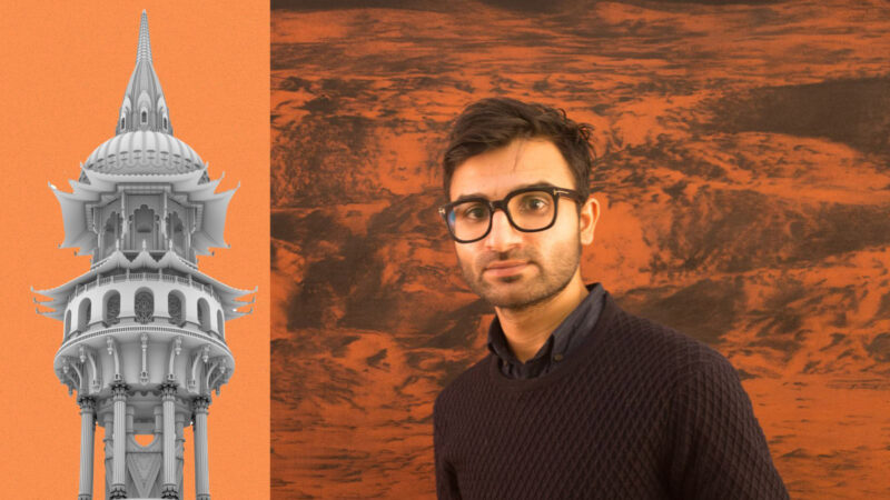 Sculpture Tower of Now, commissioned for Bradford 2025 UK City of Culture; and its creator, artist Saad Qureshi.