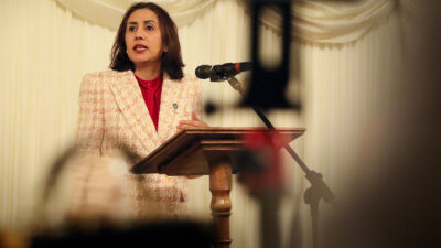 Baroness Shaista Gohir speaks on stage during the launch of Muslim Heritage Month at the House of Lords on 11 March 11, 2025 in London.