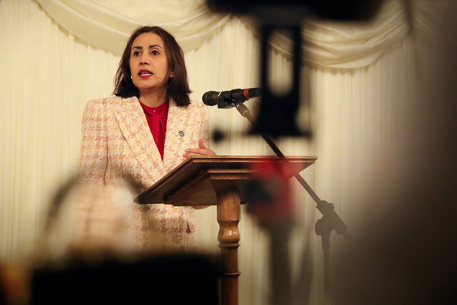 Baroness Shaista Gohir speaks on stage during the launch of Muslim Heritage Month at the House of Lords on 11 March 11, 2025 in London.