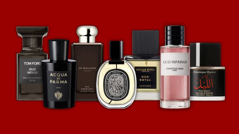 A range of oud scents against a red backdrop