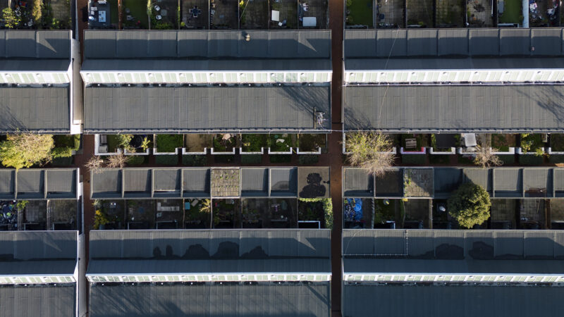 Overhead aerial view of council flats in Kings Cross