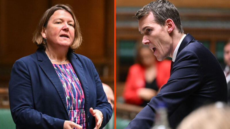 A split image: a woman in a dark jacket speaks, and a man in a dark jacket speaks, with the two positioned as though facing each other