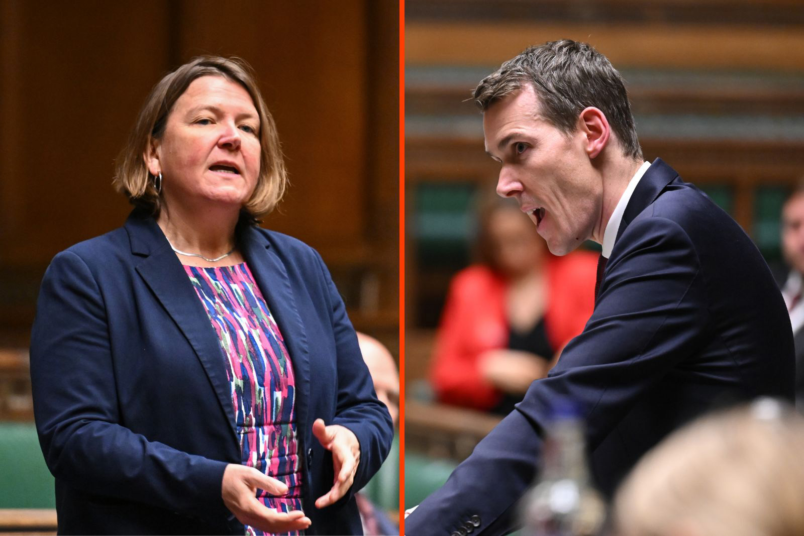 A split image: a woman in a dark jacket speaks, and a man in a dark jacket speaks, with the two positioned as though facing each other