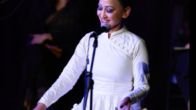 Amina Khayyam, one of the artists performing during the 24-hour mehfil event in Brighton on 10 May 2025, as part of CaféKathak with Debasish Mukherjee (tabla) and Iain McHugh (cello/bass).