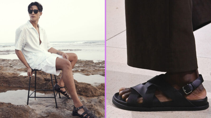Collage of a man in sandals by a rock seashore and a close up of a black sandal