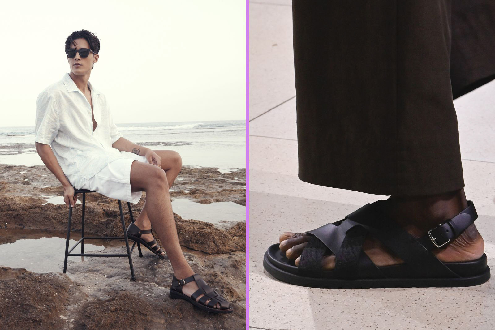 Collage of a man in sandals by a rock seashore and a close up of a black sandal
