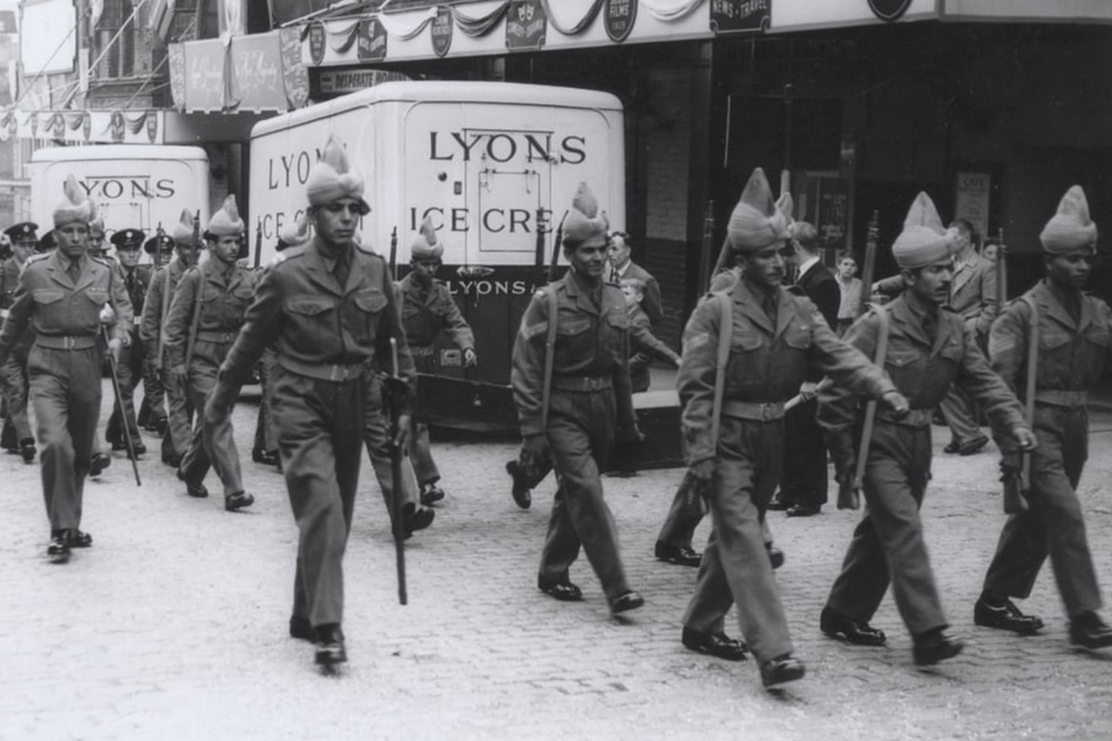 Muslim soldiers who served in Dunkirk, at a victory parade in Birmingham in 1945.