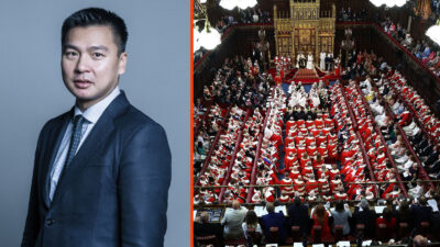 Portrait of Lord Wei, Nathanael Ming-Yan Wei, on left and on the right King Charles III, wearing the Imperial State Crown and the Robe of State, sits alongside Queen Camilla as he reads the King's Speech in the House of Lords chamber during the State Opening of Parliament on July 17, 2024