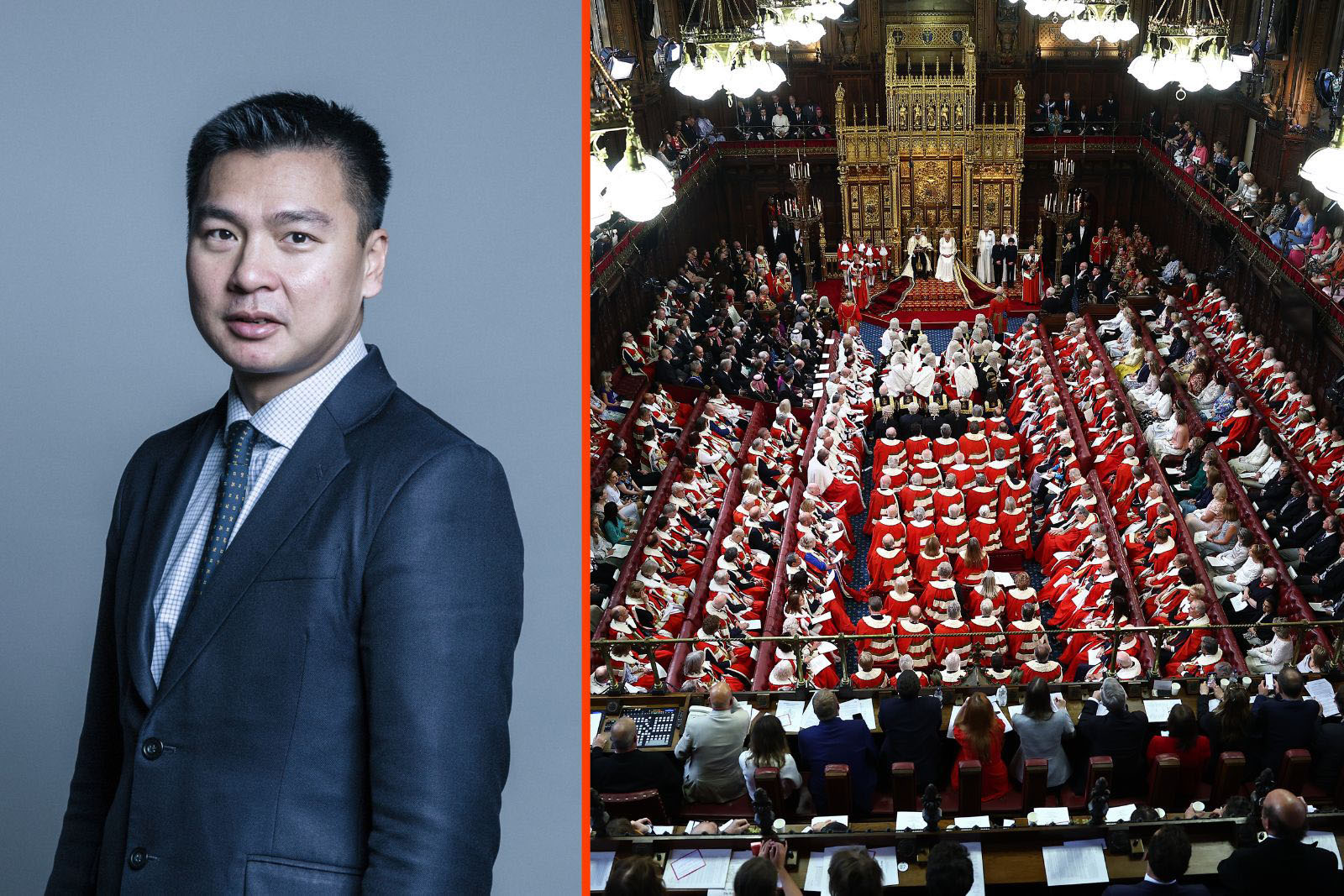 Portrait of Lord Wei, Nathanael Ming-Yan Wei, on left and on the right King Charles III, wearing the Imperial State Crown and the Robe of State, sits alongside Queen Camilla as he reads the King's Speech in the House of Lords chamber during the State Opening of Parliament on July 17, 2024