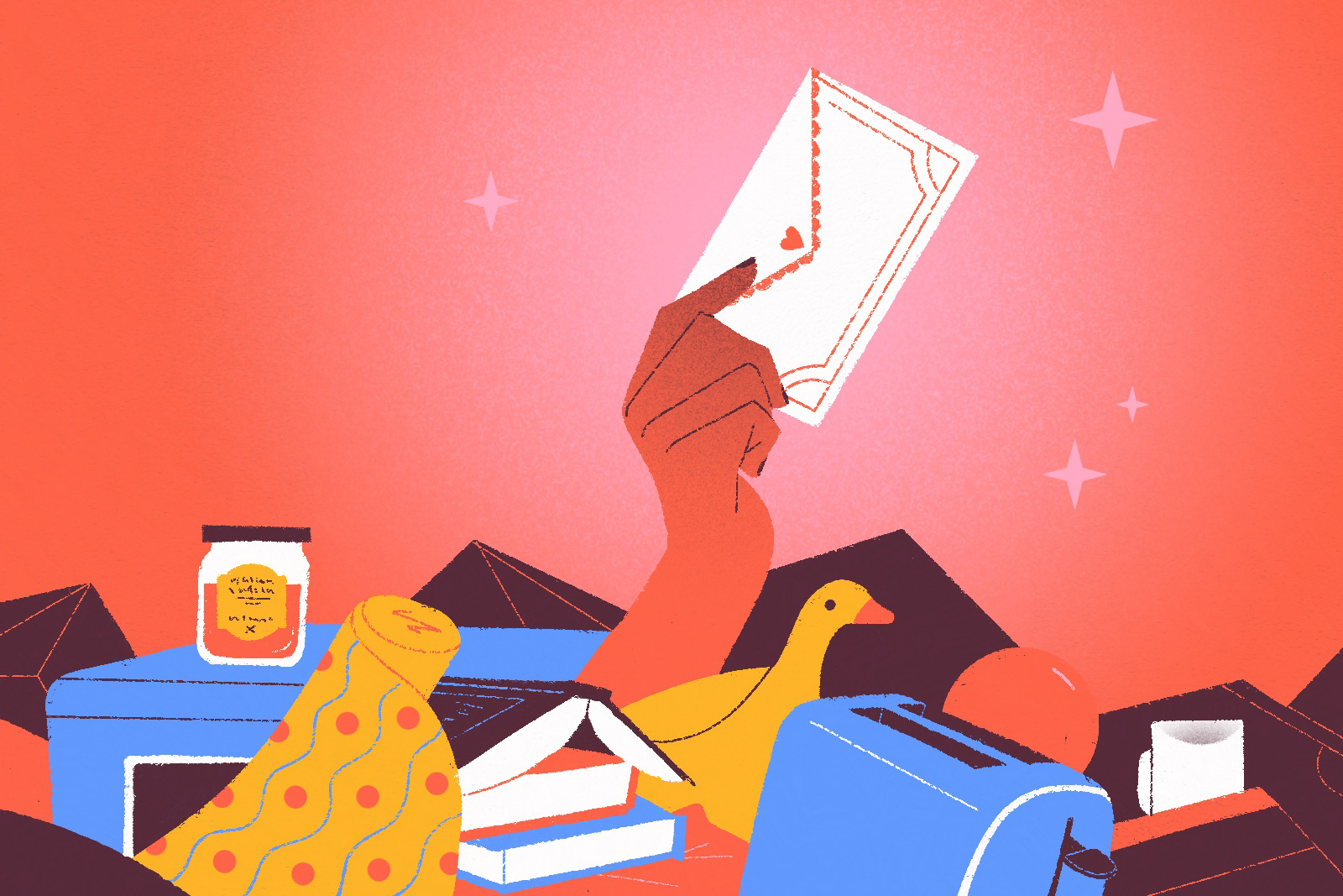 Illustration for article about the trend for people to ask for cash and no boxed gifts for their wedding