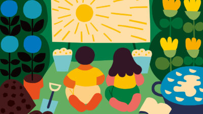 illustration of children watching a movie outside