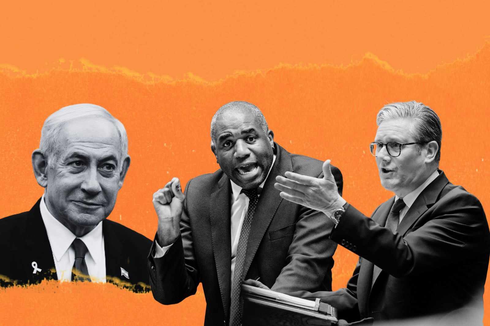 Collage of Benjamin Netanyahu, David Lammy and Keir Starmer