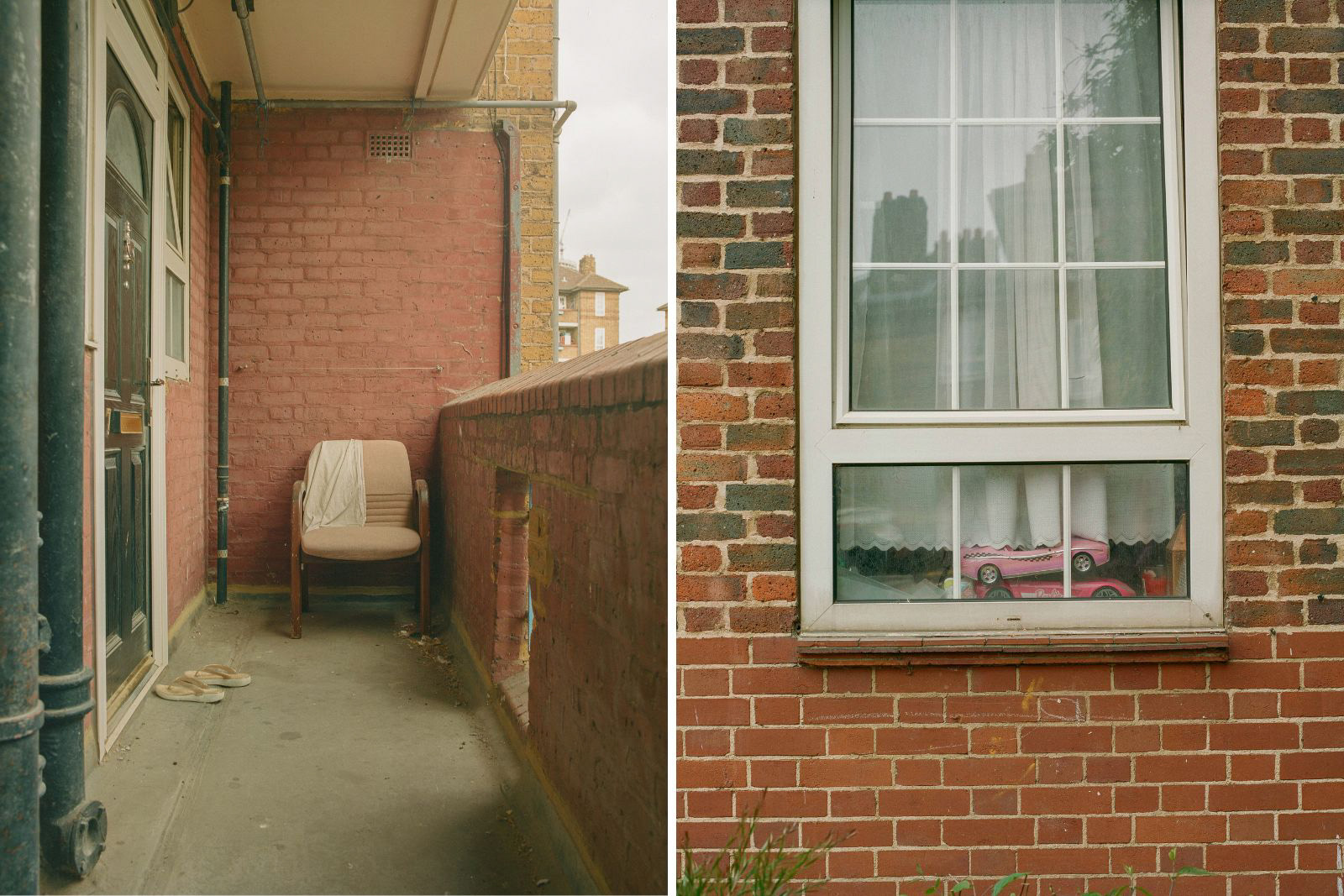A collage photo of a concrete balcony with a single chair on it, and a window, through which can be seen a child's pink toy cars.