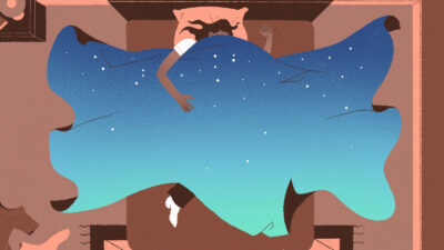 Illustration of a woman in bed under a cover of the night sky