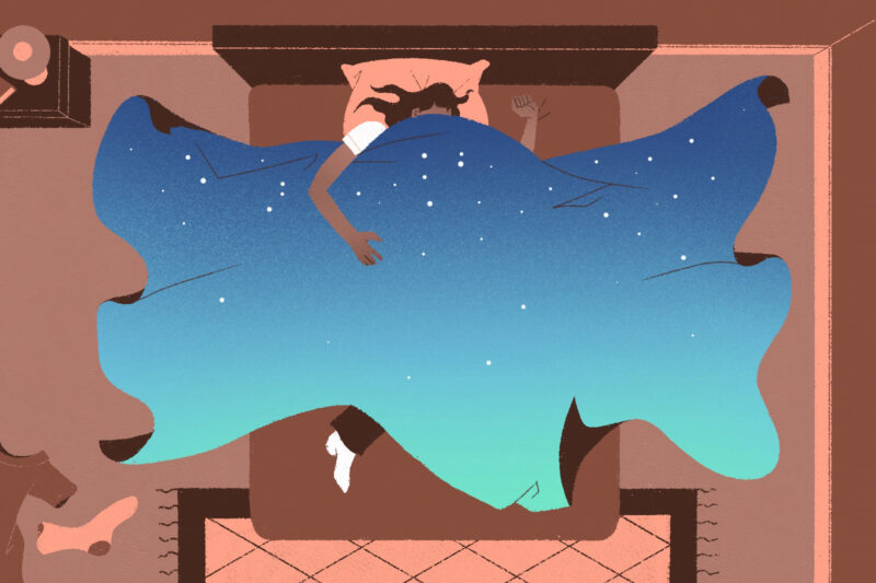 Illustration of a woman in bed under a cover of the night sky