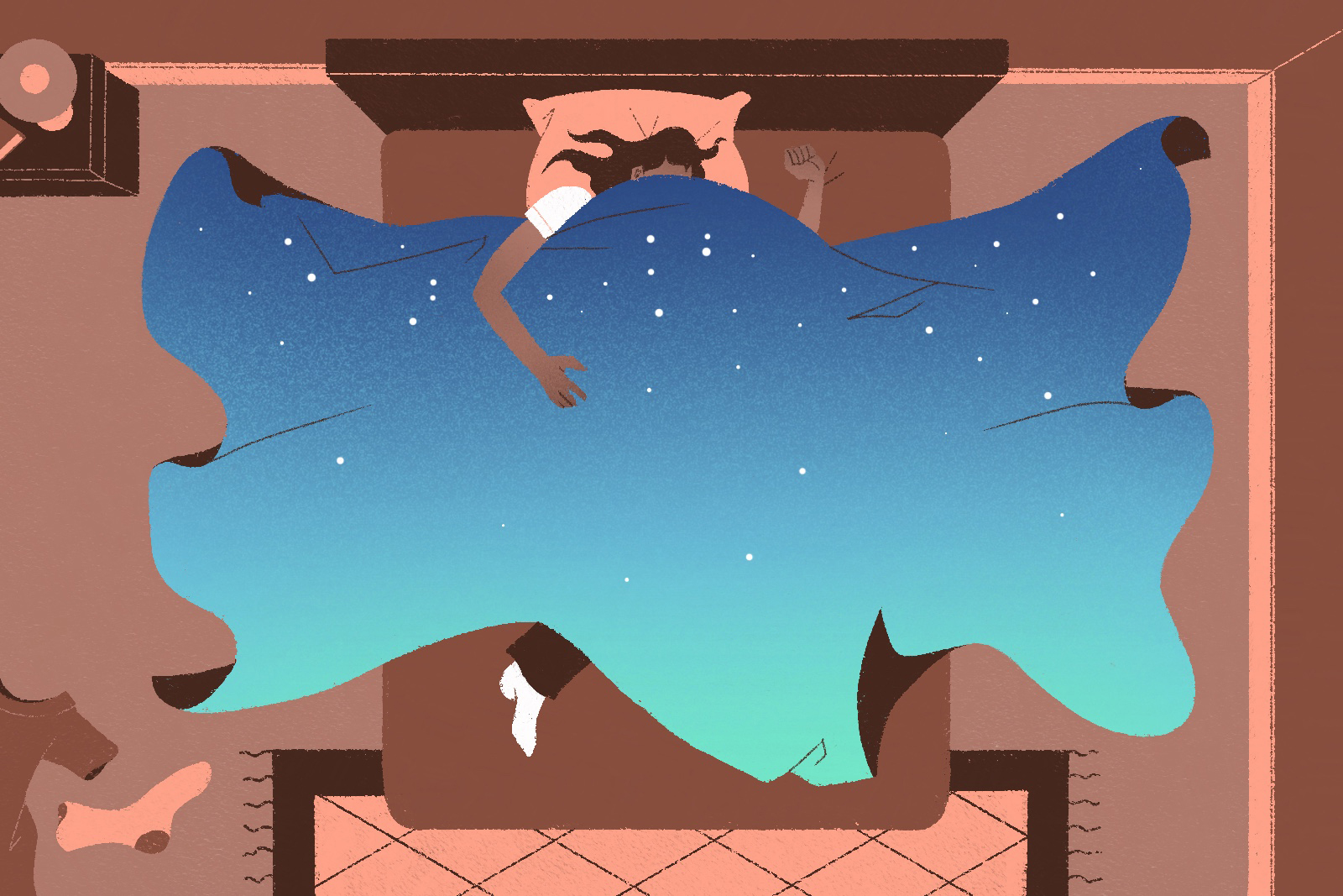 Illustration of a woman in bed under a cover of the night sky