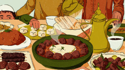 Illustration of a child taking a piece of halwa while he’s accompanied by his parents, who have just finished their Eid prayer. His mother is dipping a piece of bread into ful.