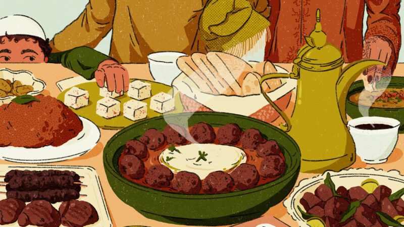 Illustration of a child taking a piece of halwa while he’s accompanied by his parents, who have just finished their Eid prayer. His mother is dipping a piece of bread into ful.