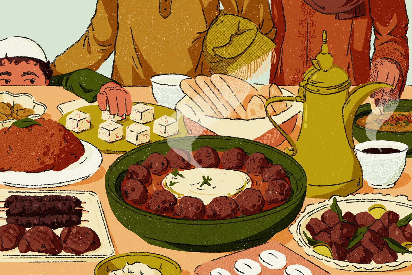 Illustration of a child taking a piece of halwa while he’s accompanied by his parents, who have just finished their Eid prayer. His mother is dipping a piece of bread into ful.