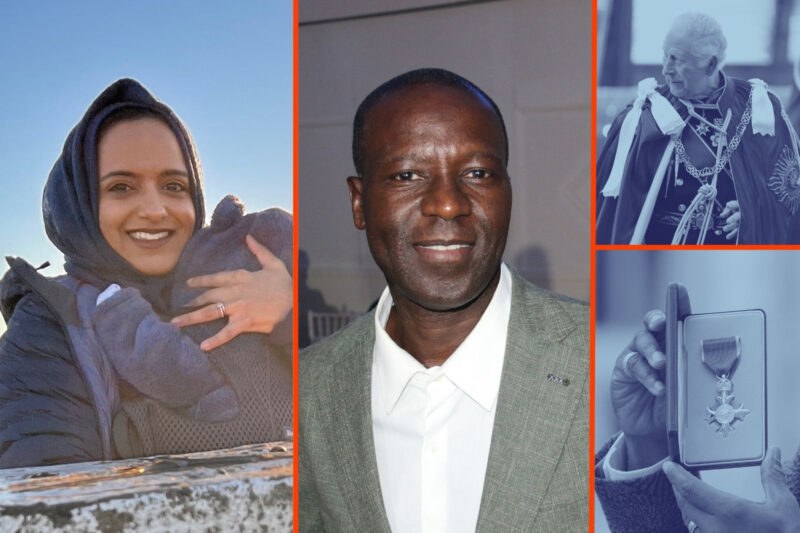 left: Zahrah Mahmood centre: Njok Malik Jeng top right: King Charles; bottom right Member of the Order of the British Empire (MBE) medal