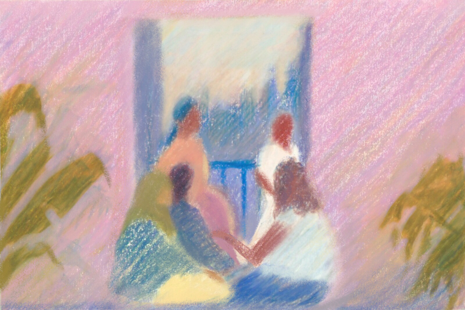 A blurred illustration of friends sitting in a circle holding hands and talking