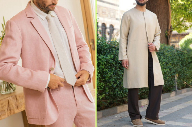 Men in pastel pink and beige linen suits