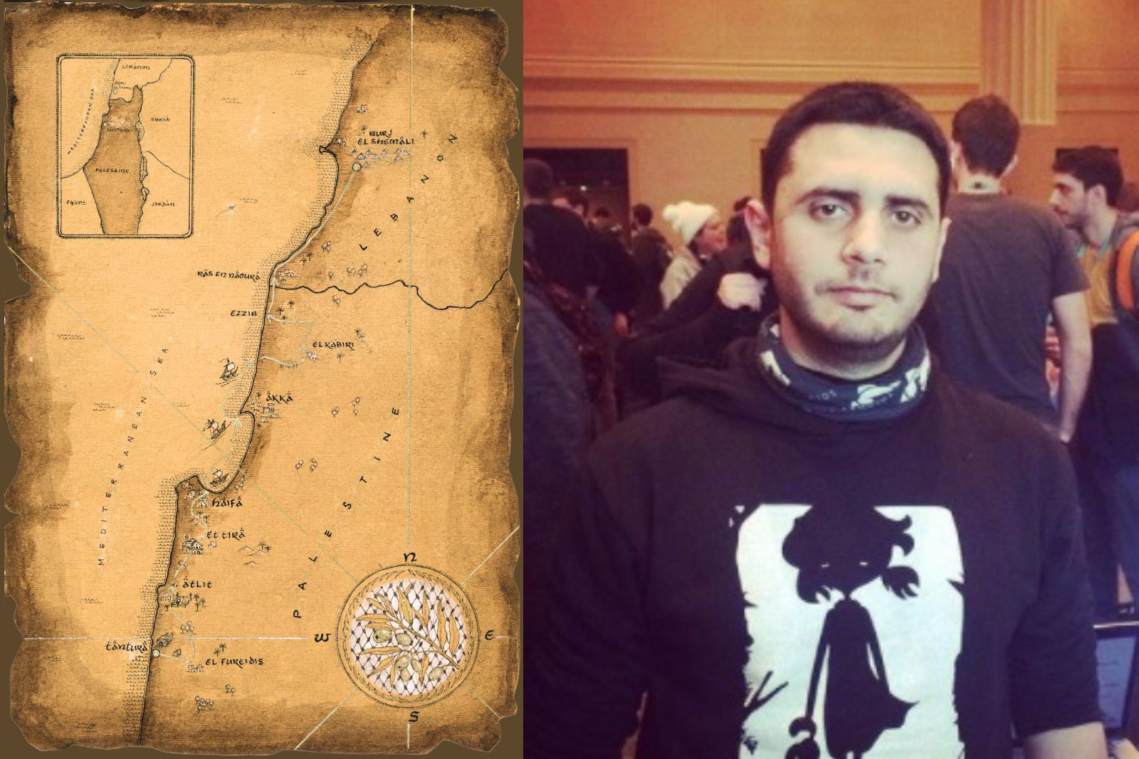 Map marking villages, towns and landmarks prior to the Nakba (left), Rasheed Abueideh (right).