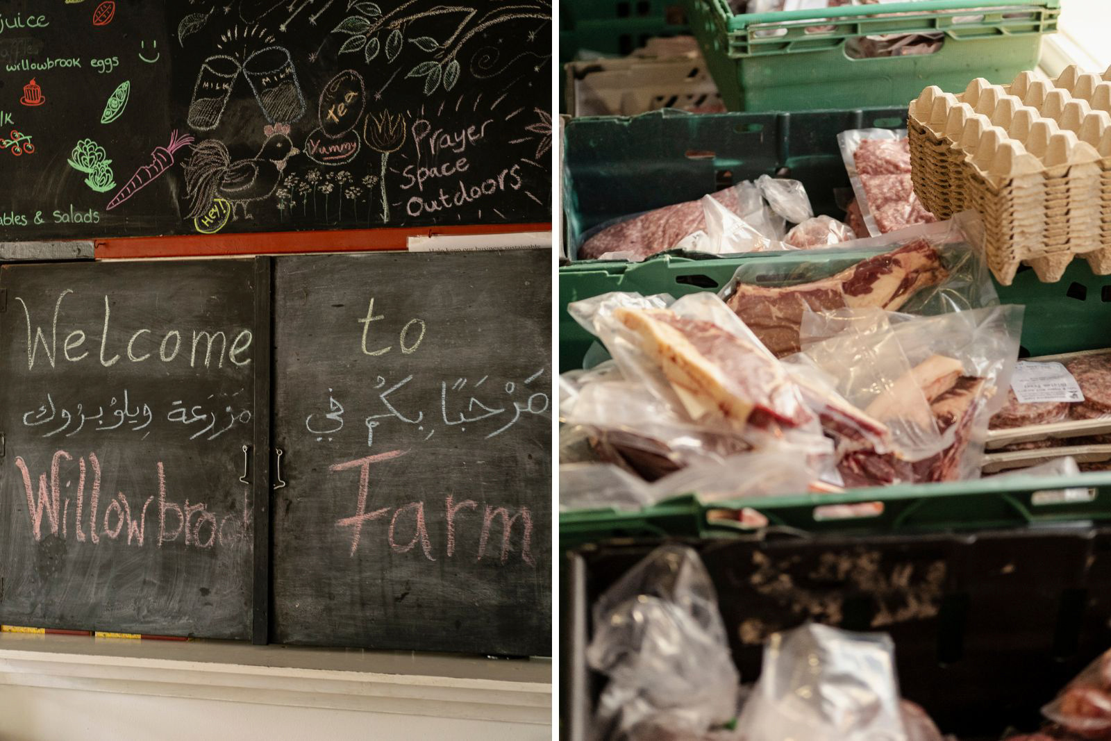 A blackboard displaying what's on offer and packaged meat ready for sale at Willowbrook Farm.