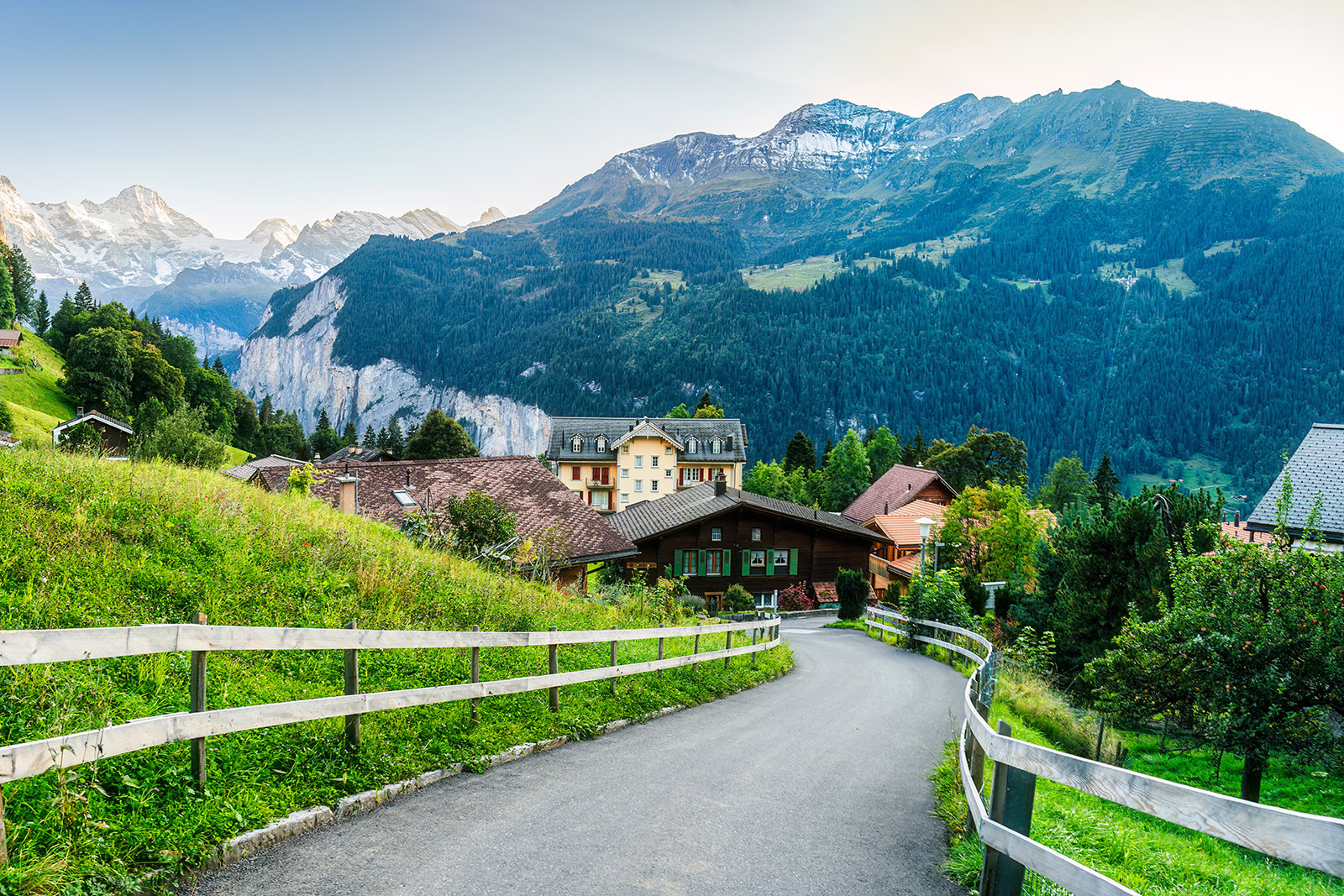 Picturesque scenery of Wengen mountain village.