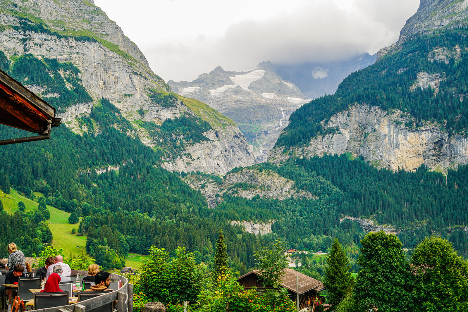 A summer view of the Grindelwald valley in the Swiss Alps from a cafe.