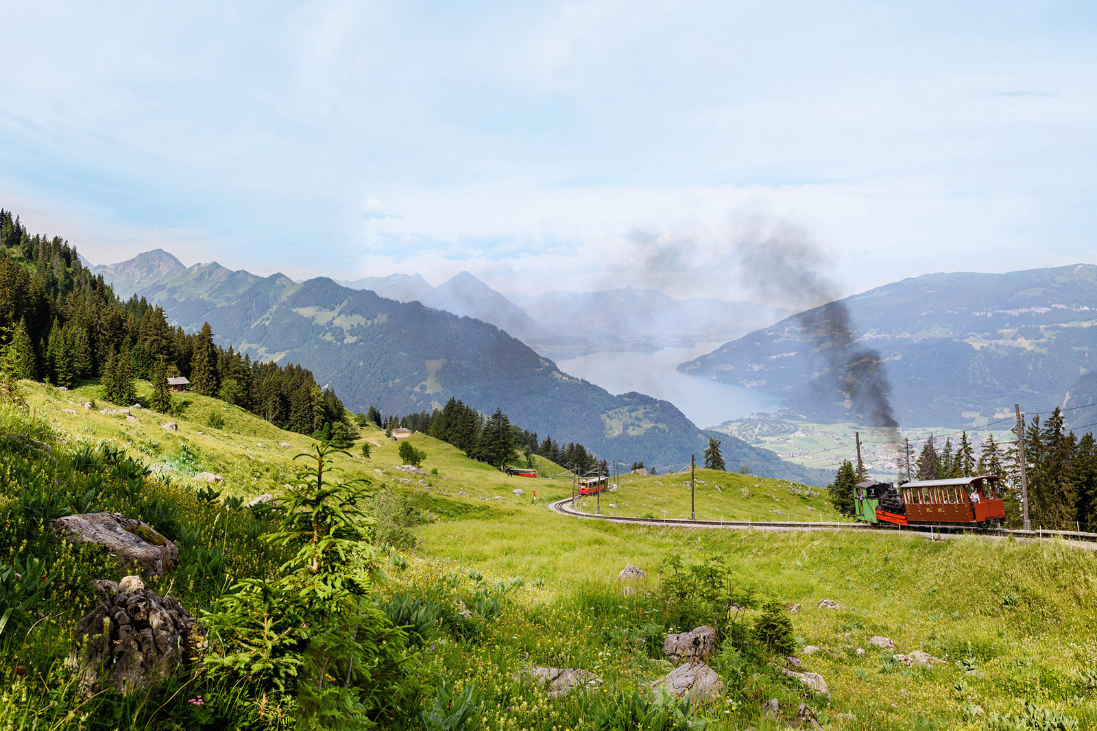The Schynige Platte cogwheel railway, with Lake Brienz in the background.