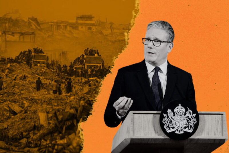Montage of images of destruction in Gaza and UK prime minister Keir Starmer