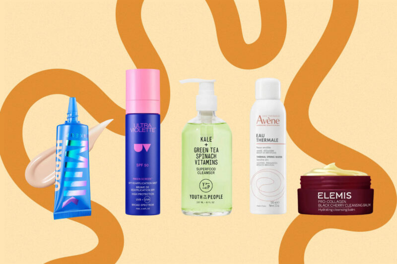 Products left to right: Milk Hydro Grip Hydrating Gel Skin Tint, Ultraviolette Vibrant Screen™ SPF 50 Active Facial Skinscreen, Youth to the People Kale and Green Tea Spinach Vitamins, Avène Thermal Spring Water Spray, Elemis Pro-Collagen Black Cherry Cleansing Balm.