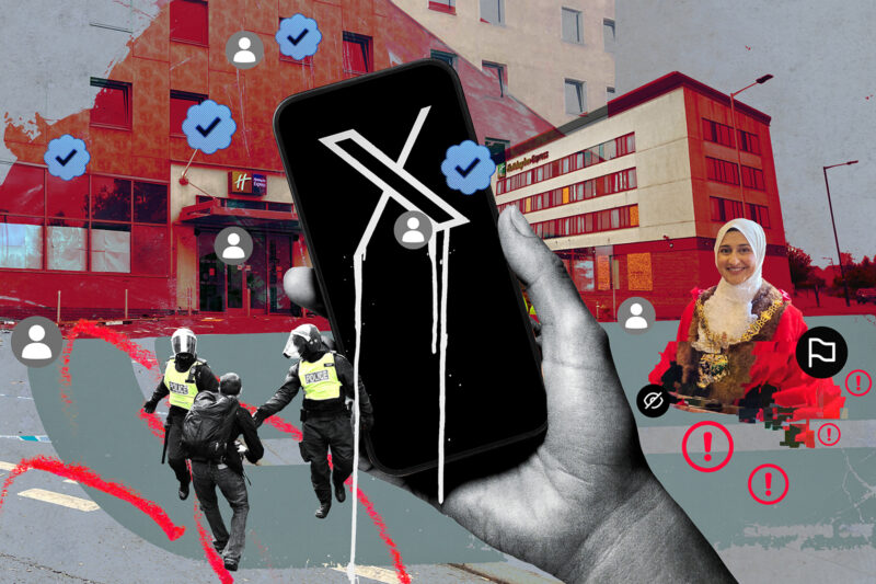 Illustration for article about how overseas X accounts that fuelled 2024 riots are still targeting UK Muslims