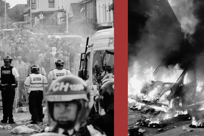 Riot police hold back protesters after disorder broke out in Southport on July 30, 2024 (left), a police vehicle on fire during the same incident (right).