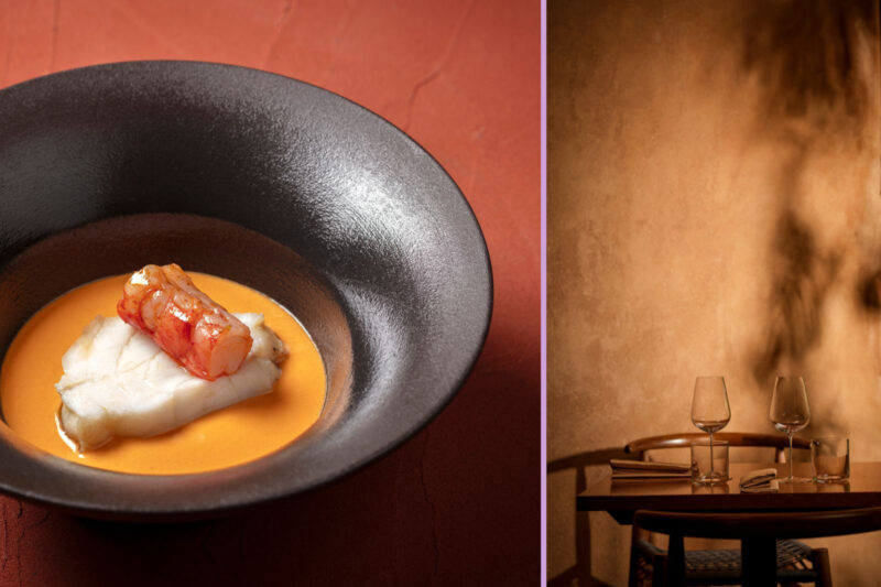 Akoko's egusi ijebu sauce served with monkfish, carabinero prawns and yam fufu (left). The restaurant interior (right).