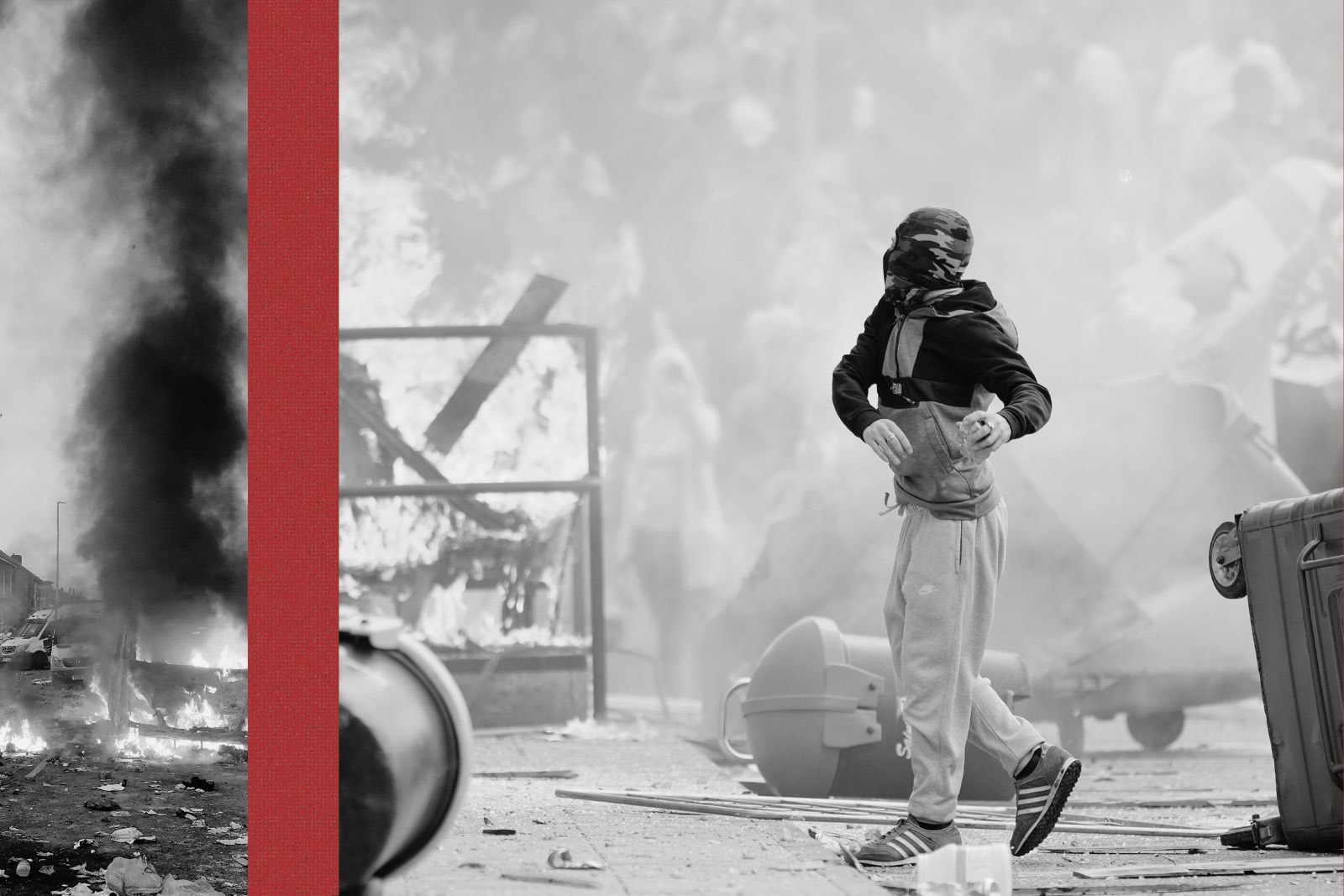 Rioting in Southport on 30 July (left) and in Rotherham on 4 August 2024 (right).