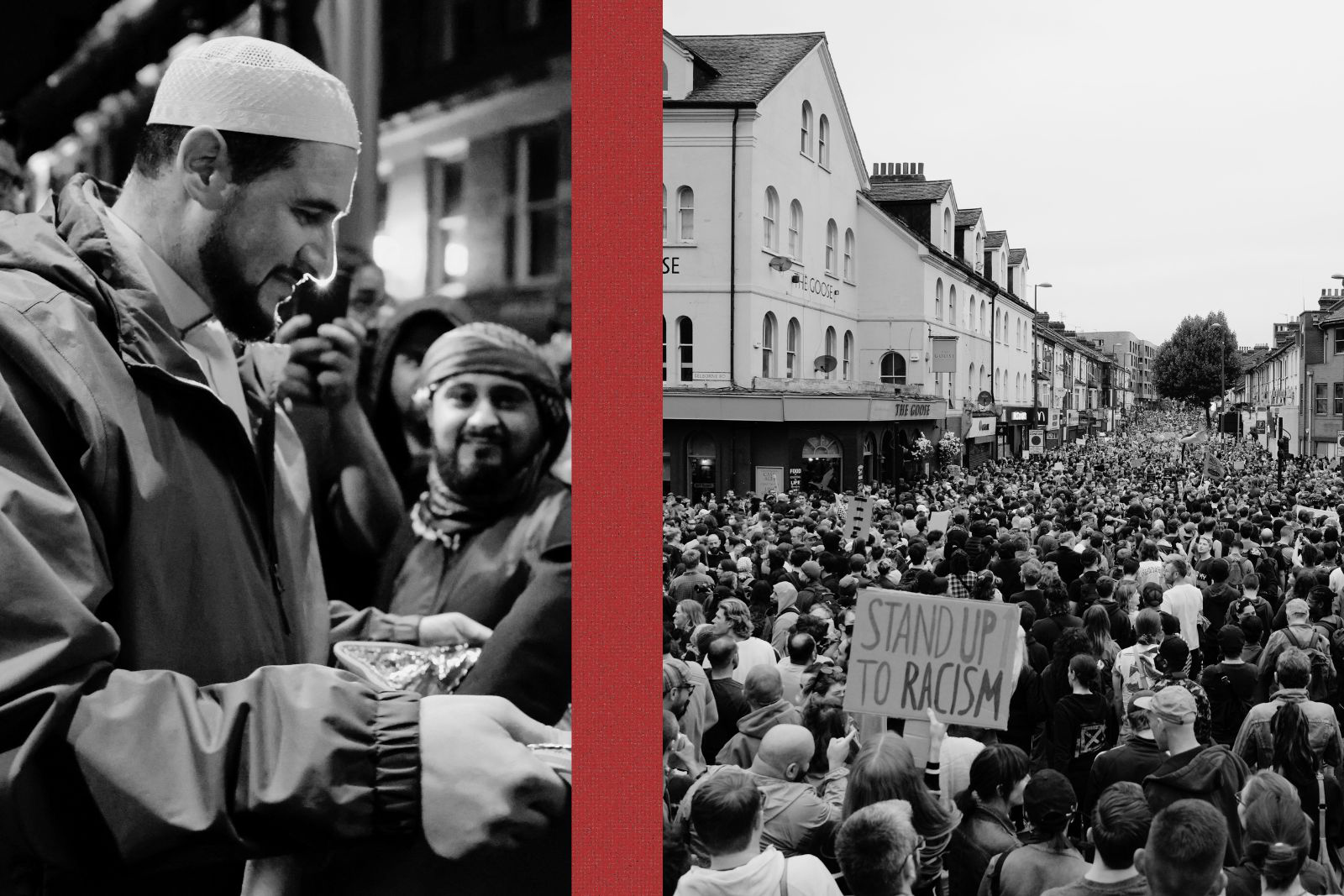 Imam Adam Kelwick hands out food during a protest outside Quilliam mosque in Liverpool on 2 August (left), an anti-racism protest in Walthamstow, London, on 7 August 2024 (right).