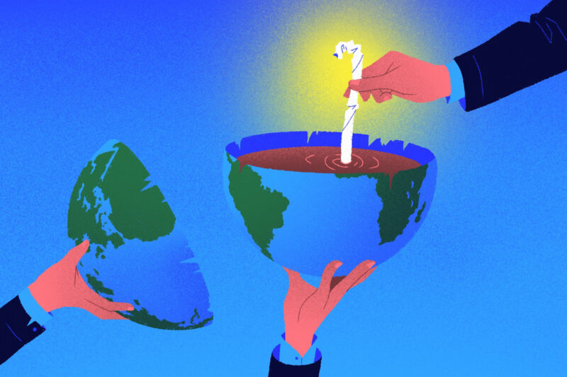 Illustration showing an image of the earth in half, - one half appearing as a coffee with a paper straw coming out of it.