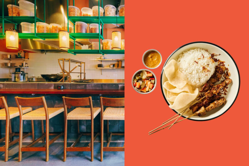 The interior of Satay Club, Amsterdam (left) and one of its dishes.