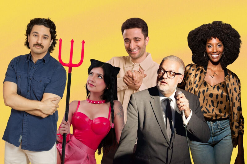 from left to right, portraits of comedians Ismaael Loutfi, Saaniya Abbas, Hasan Al-Habib, Harun Musho’d, Zainab Johnson.