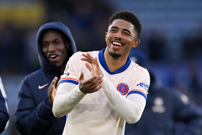 Wesley Fofana applauds fans after playing for Chelsea in a Premier League game against Leicester in November 2024.