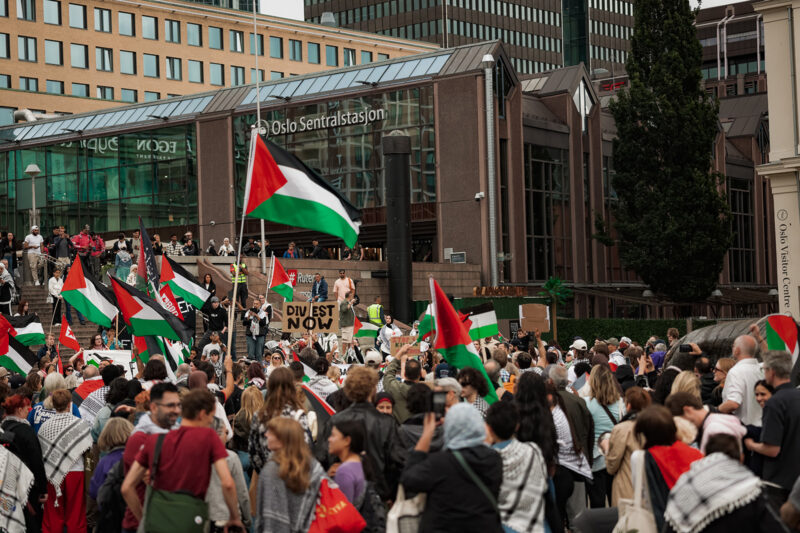 Demonstrators carry Palestinian flags and banners on a march through Oslo