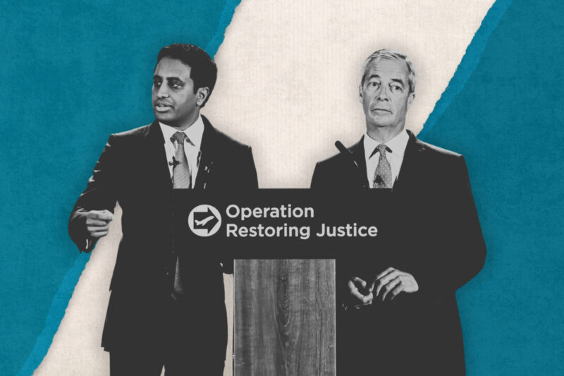 Zia Yusuf and Nigel Farage in suits at a lectern that reads 'Operation Restoring Justice', in black and white, against a blue and white abstract background