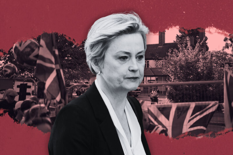 Yvette Cooper, the home secretary; protesters outside the Bell hotel in Epping Forest.