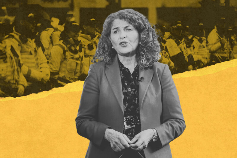 A black and white image of Dame Diana Johnson speaking with a yellow and black background image showing a line of police. She has defended the policy of releasing suspects' ethnicity