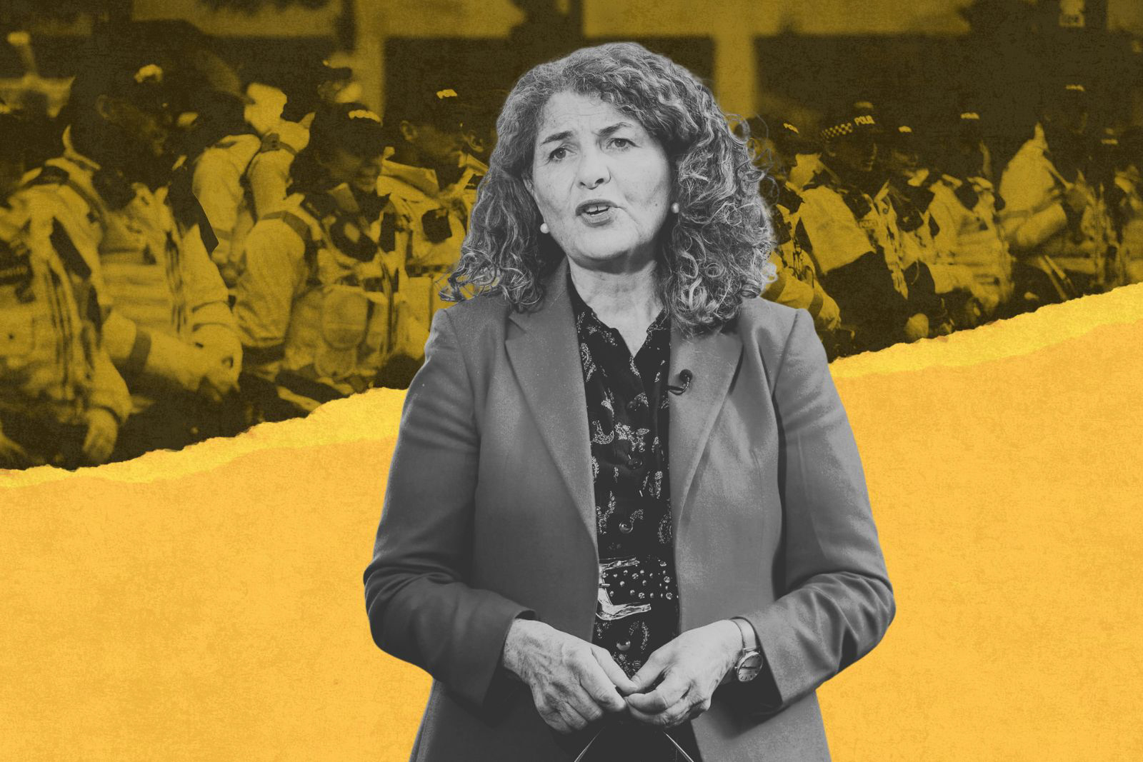 A black and white image of Dame Diana Johnson speaking with a yellow and black background image showing a line of police